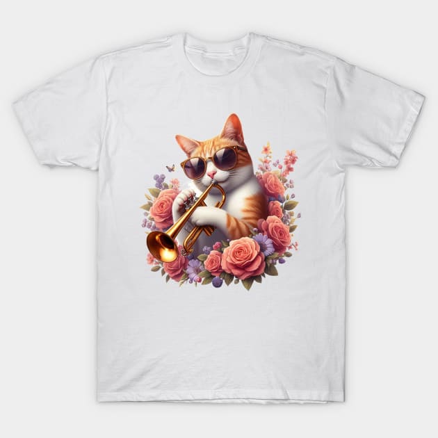 trumpet cat - jazz meow cat T-Shirt by GalaxyGraffiti